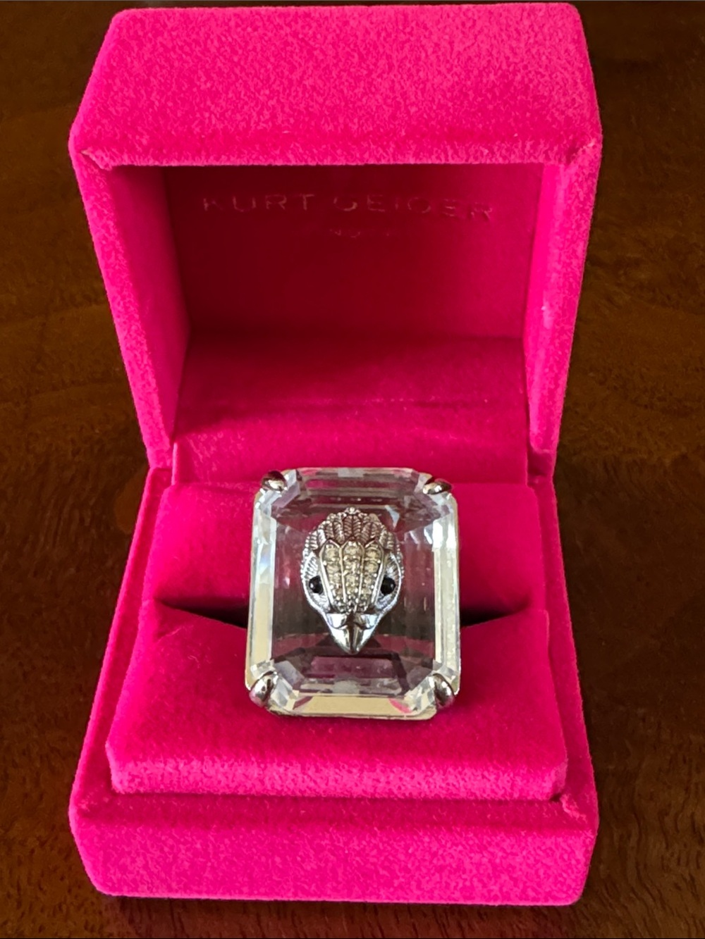 Kurt Geiger Clear Crystal Statement Ring with Silver-tone Decorative Motif